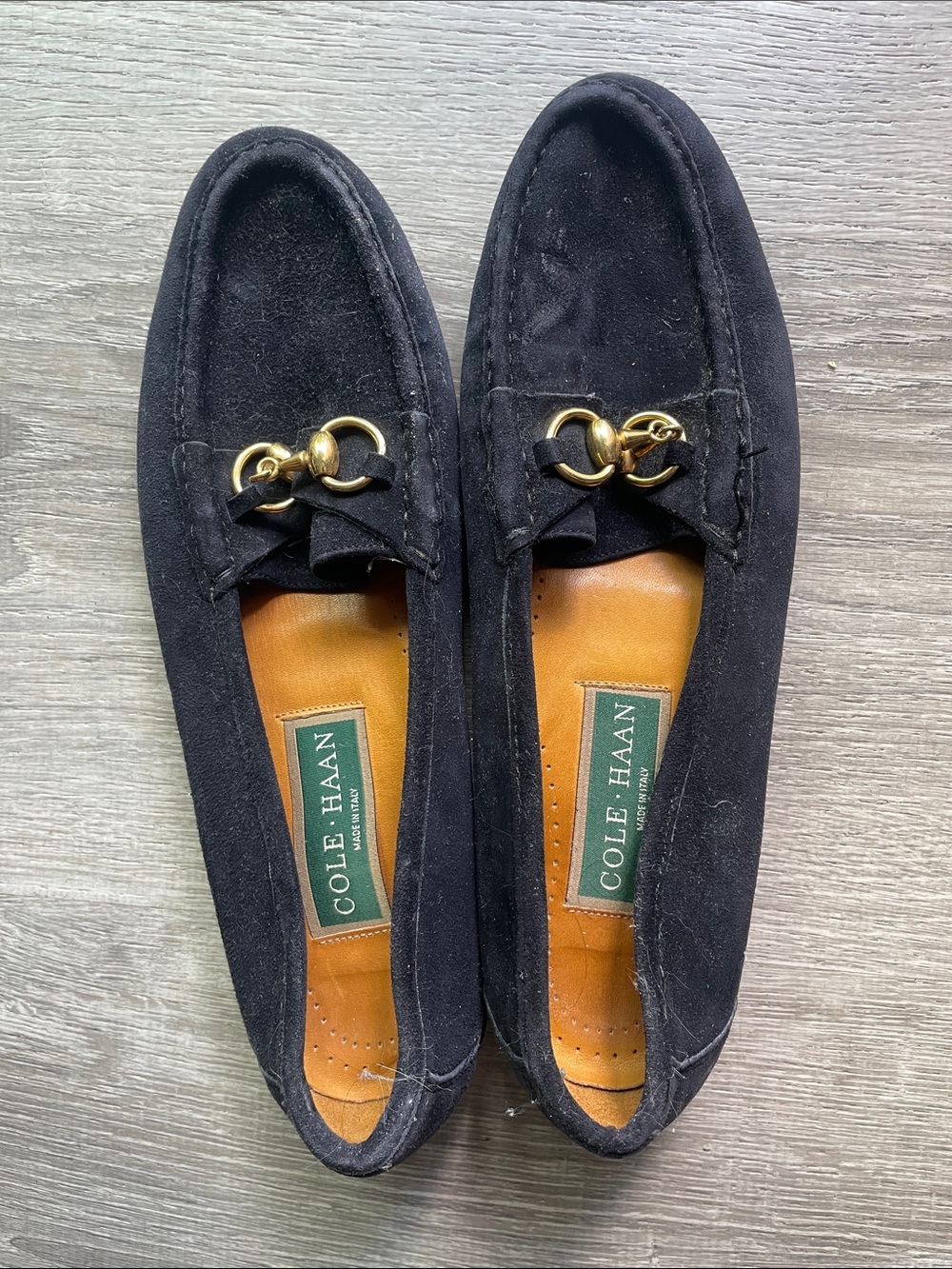 Cole Haan Black Suede Loafers with Gold Bit